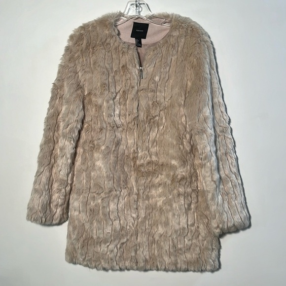 FOREVER 21 Boho Faux Fur Hippie-Chic Holiday Party Collarless Cream/Tan Coat L - Picture 1 of 14